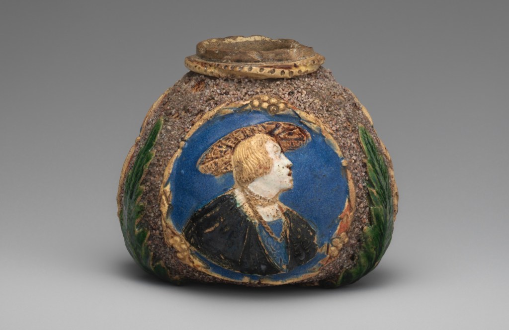 Hafner ware pot with portraits of Ferdinand I, King of Hungary (1503–64), Anne of Hungary (1503–47), and probably Emperor Charles V (1519–56)